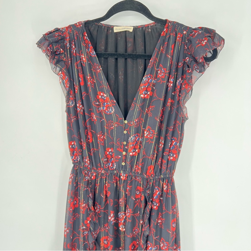 Ulla Johnson Ciel Silk Floral and Metallic Midi Dress Size 4 - Picture 4 of 12